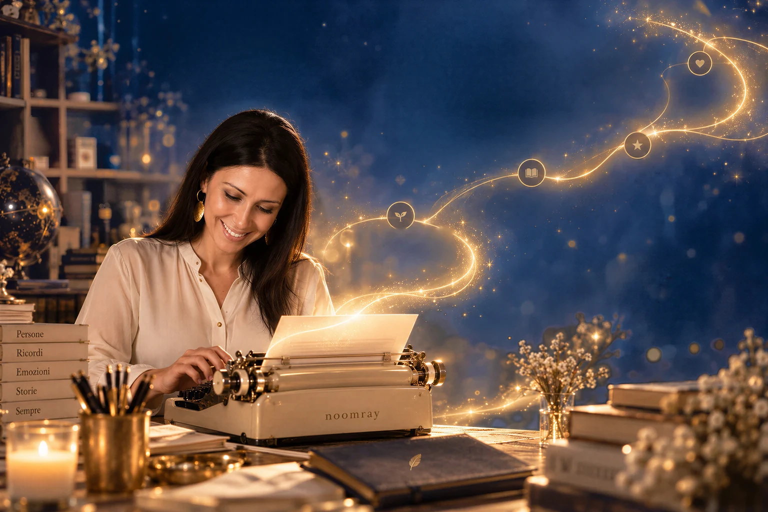 Donatella Venditto alla macchina da scrivere, fra i libri: dal foglio sale un filo d’oro con i quattro momenti della sua storia.