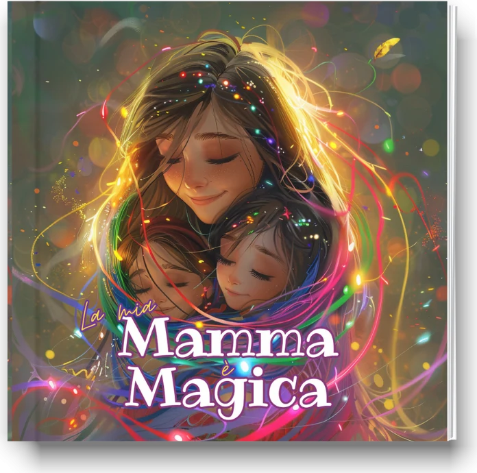 Il libro «La mia mamma è magica», con una mamma che abbraccia due bambini.