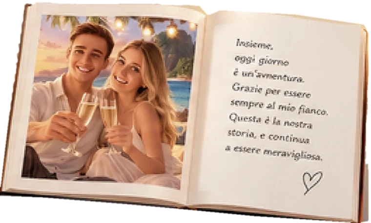 Un libro aperto: a sinistra la coppia che brinda, a destra le parole scritte per loro.
