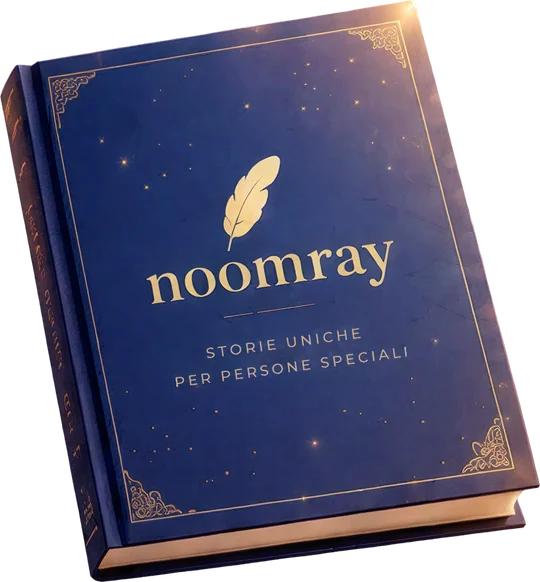 Un libro blu con la copertina dorata: Noomray, storie uniche per persone speciali.