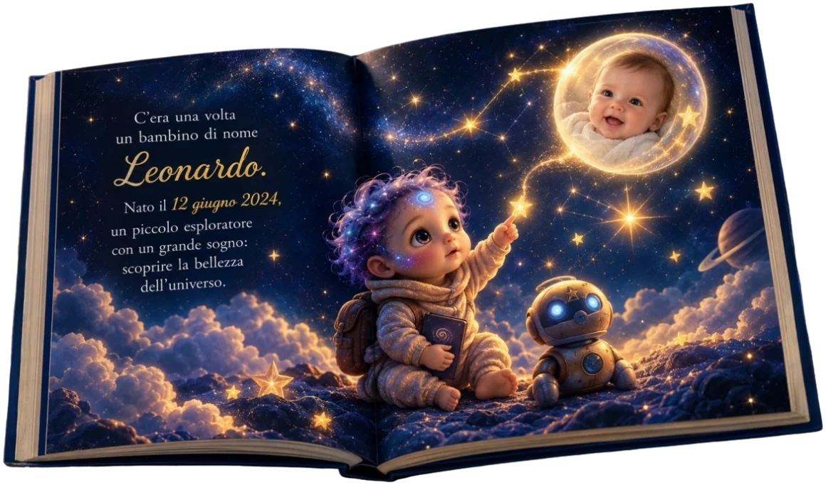 Il libro stampato, aperto: «C’era una volta un bambino di nome Leonardo», e il piccolo esploratore che indica le stelle.
