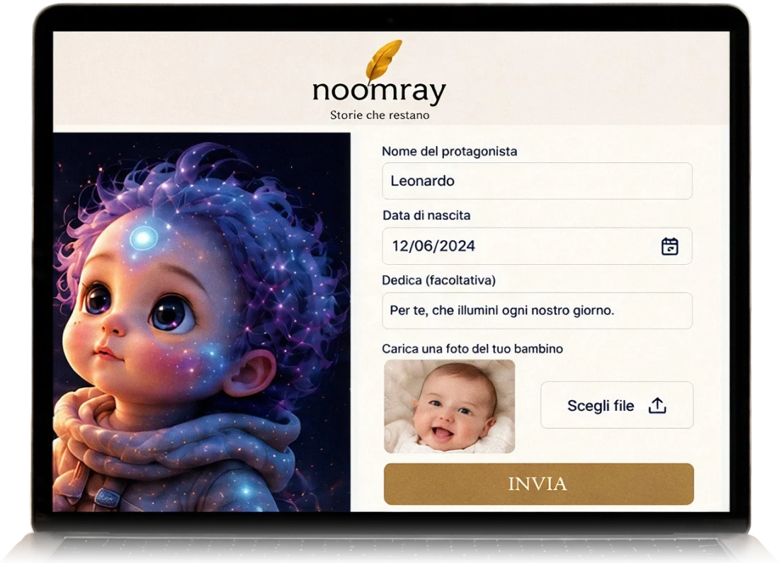 Un portatile con il modulo di Noomray: il nome del protagonista, la data di nascita, la dedica, la foto del bambino e il pulsante «Invia».