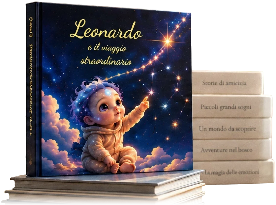 Il libro «Leonardo e il viaggio straordinario» su una pila di libri, accanto ad altre storie: «Storie di amicizia», «Piccoli grandi sogni», «Un mondo da scoprire», «Avventure nel bosco», «La magia delle emozioni».